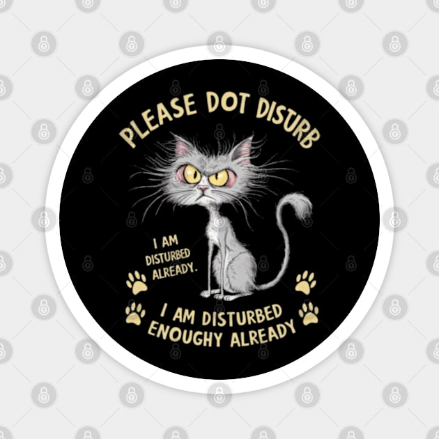 A whimsical cartoon drawing of a disheveled cat, with its fur sticking out in all directions and large yellow eyes showing irritation. (6) Magnet by YolandaRoberts